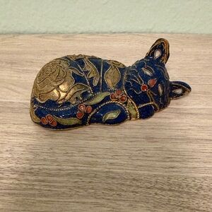 Decorative Enamel Blue and Gold-toned Sleeping Cat Figurine